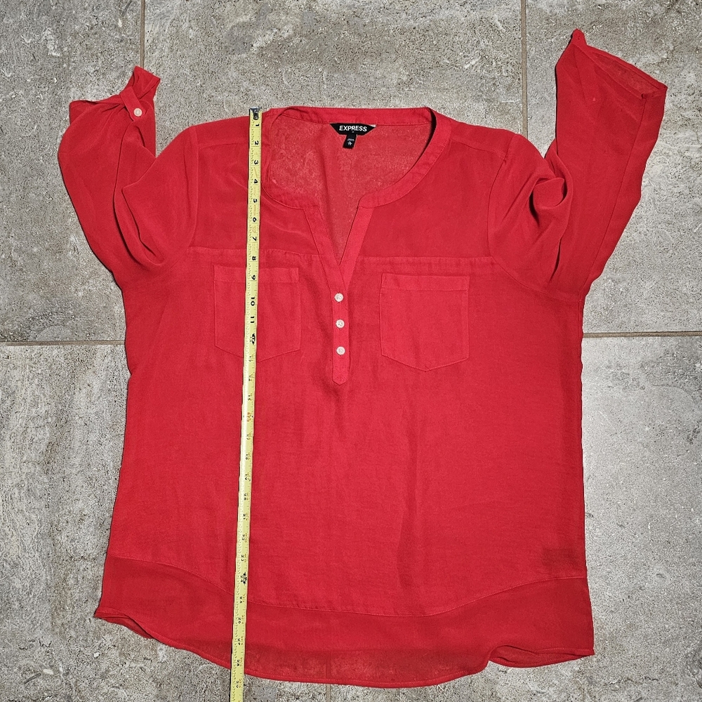[EXPRESS] Bright Red Partially Sheer & Lined Blouse ○● Half Button-Down V-Neck - Picture 11 of 16